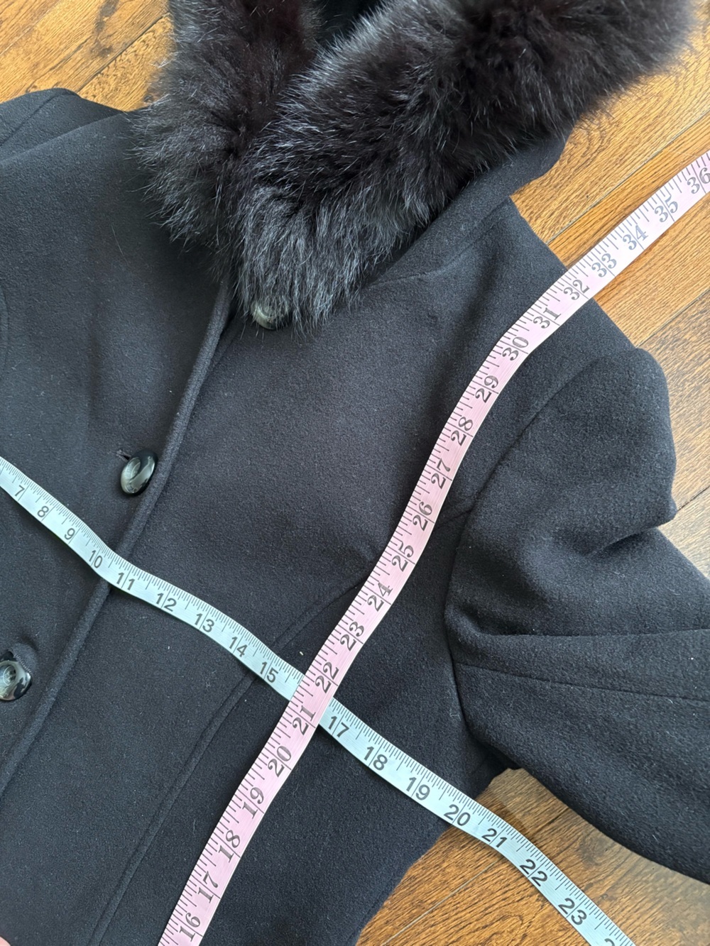 Sachi Black Hooded Wool/ Cashmere Blend Women's Coat with Real Fur Trim Size Med - Picture 8 of 10